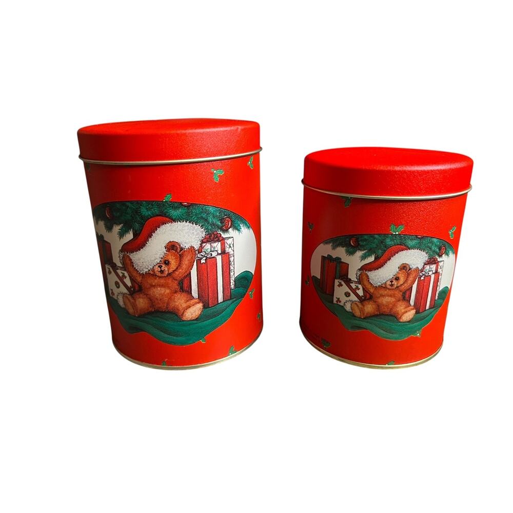 Vintage 1988 House of Lloyd Christmas Teddy Bear Tins Red Holiday Canister Set 2